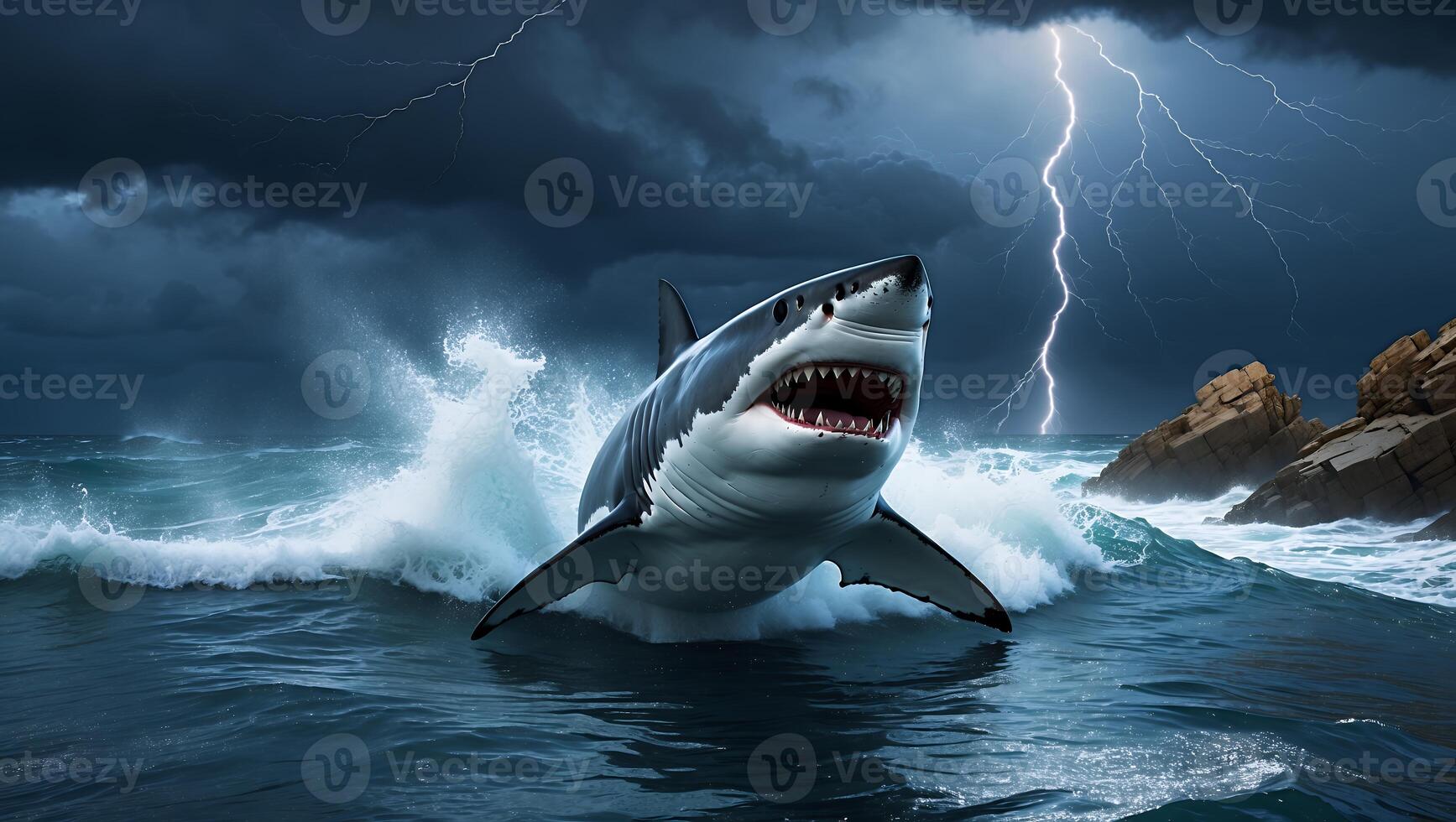 Shark Emerging From Ocean Waves During a Dramatic Lightning Storm photo