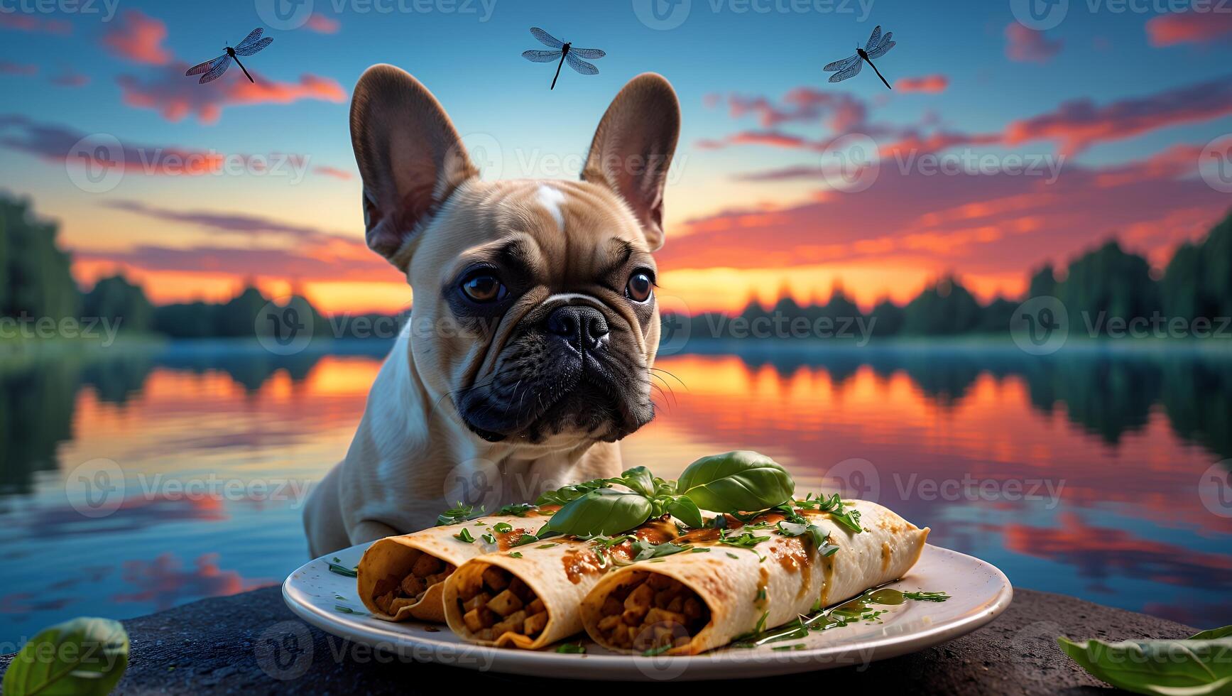 Dog with Wraps on Plate Overlooking Lake at Sunset photo