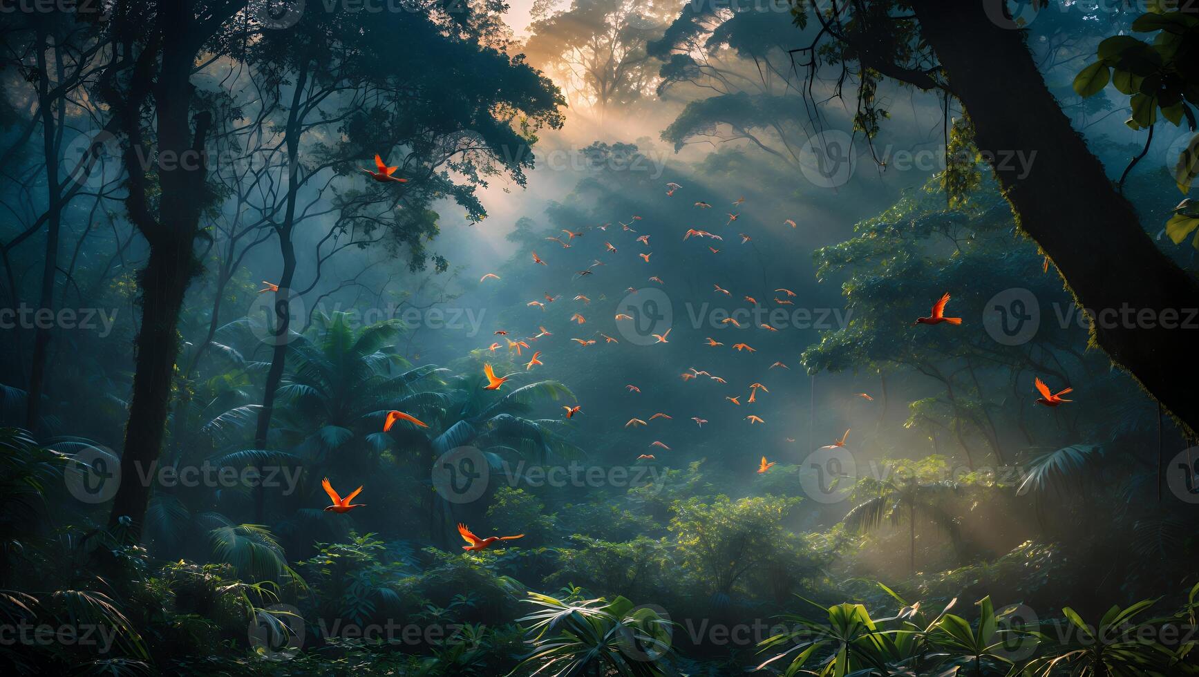 Flock of Birds Flying Through Lush Rainforest with Misty Sunlight photo