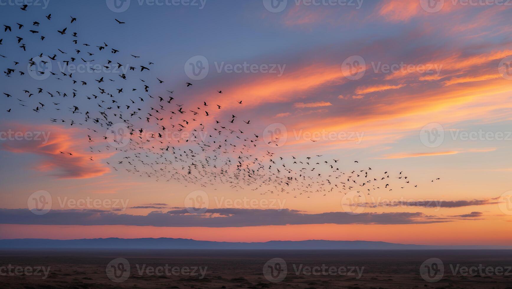 Birds Flying at Sunset Over Open Landscape with Colorful Clouds photo
