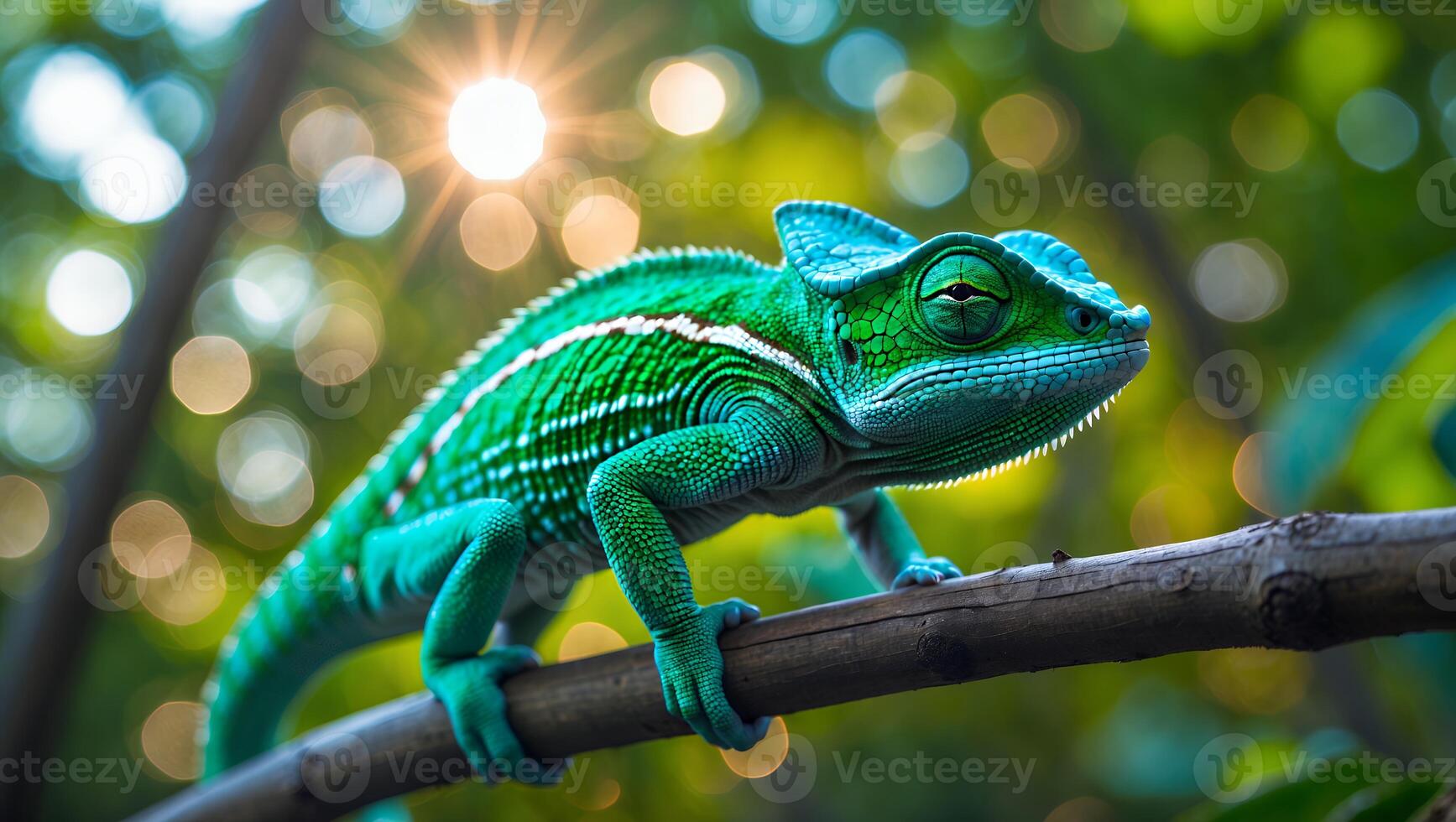 Green Chameleon Climbing Branch with Sunlight Filtering Through Forest Canopy photo