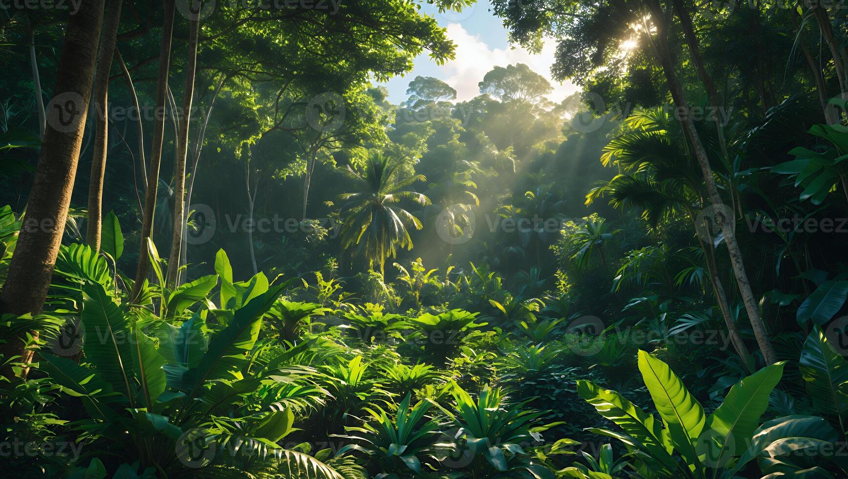 Exploring Lush Jungle with Sun Rays Shining Through the Dense Canopy photo