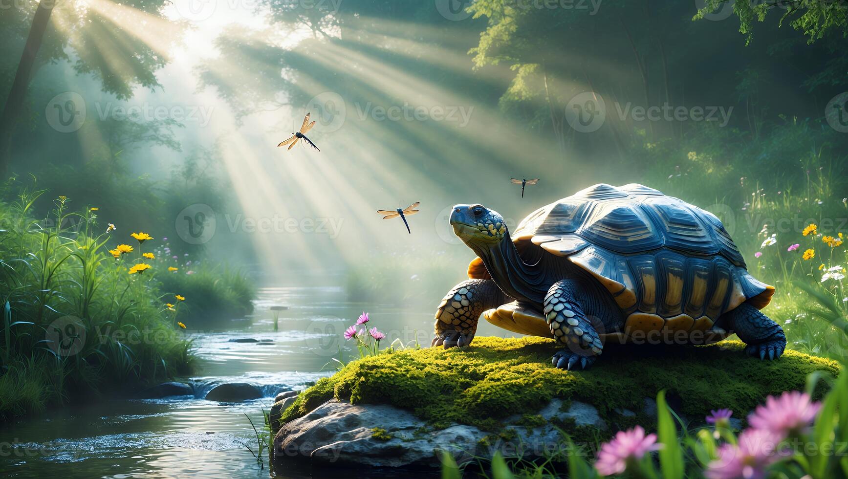 Turtle Resting by Stream with Dragonflies and Sunlight in Forest photo