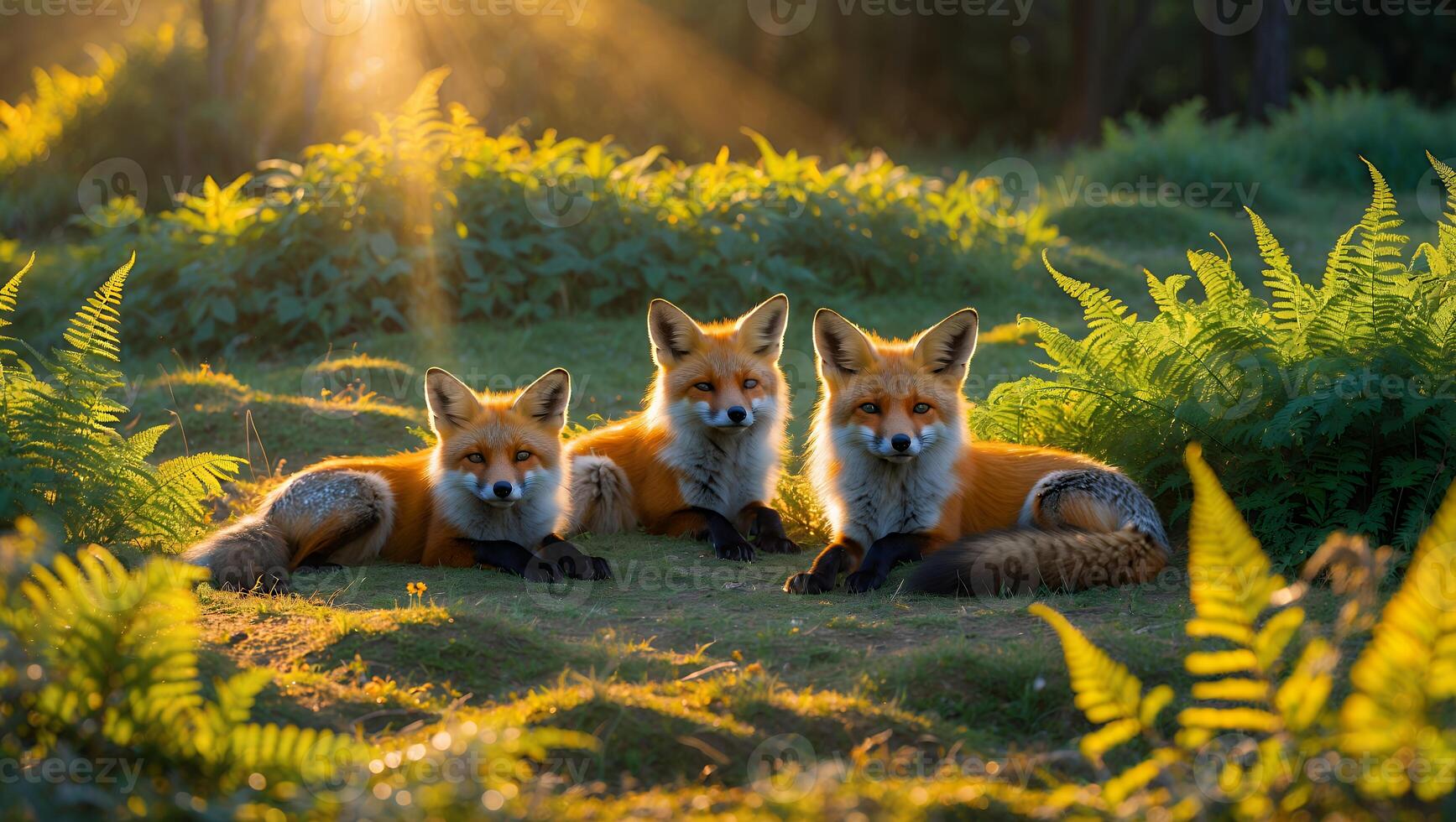 Three Foxes Resting in a Sunlit Grassy Meadow During Golden Hour photo