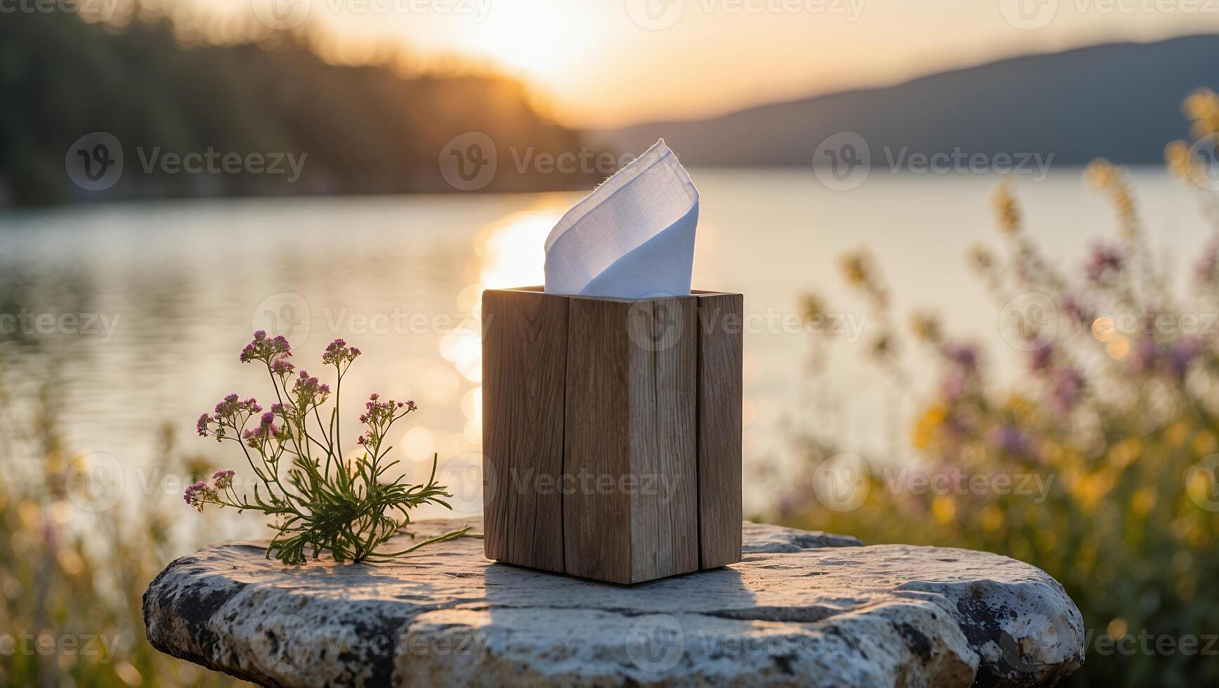 Tissue Box on Stone Table with Lake View at Sunset photo