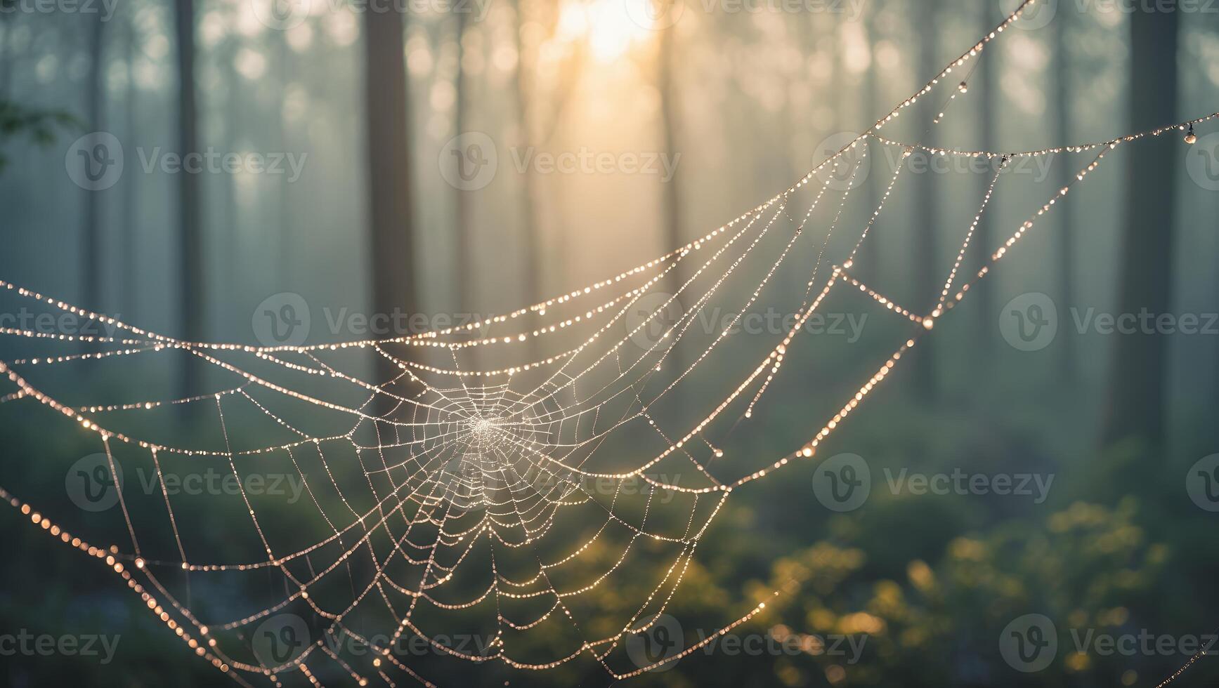 Spiderweb with Dew Drops in Forest During Early Morning Light photo