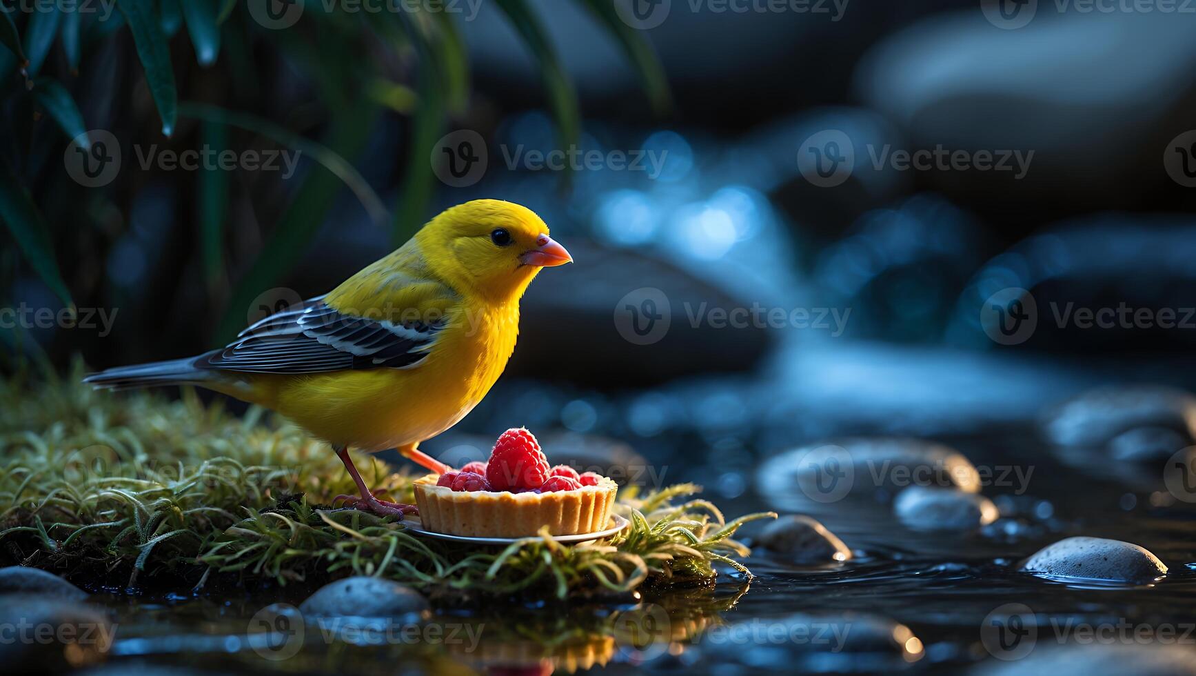Small Yellow Bird with Raspberry Tart by Stream in Nature Setting photo