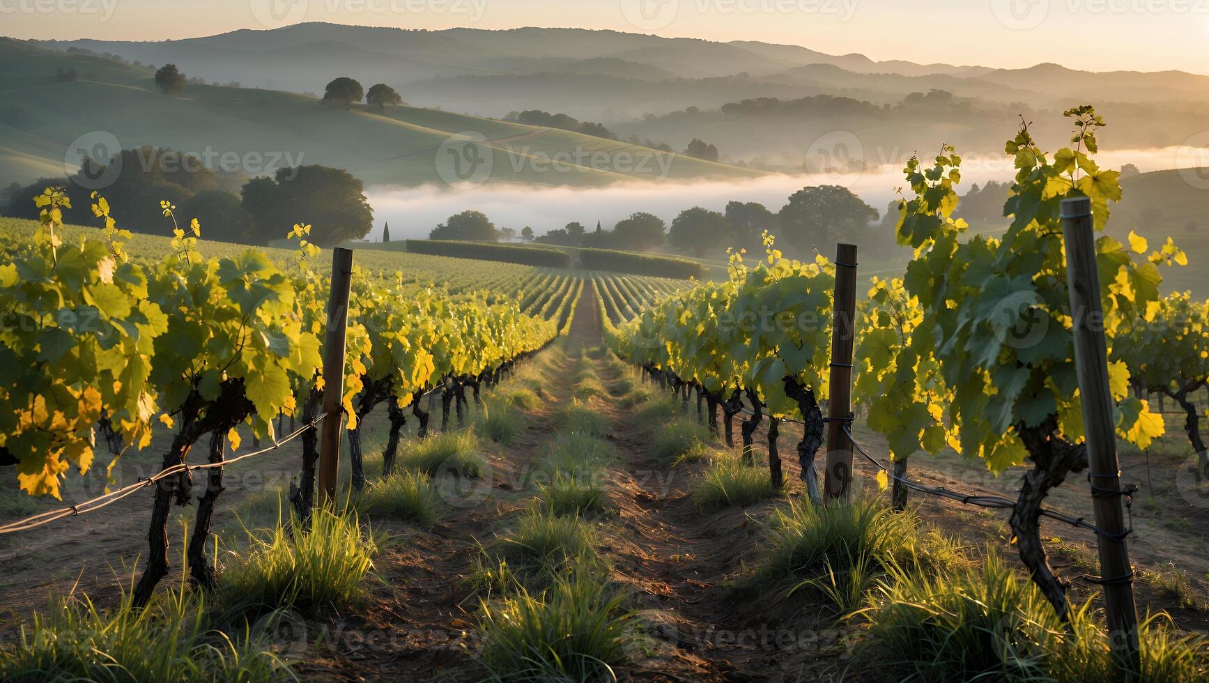 Vineyard Row at Sunrise Rows of Grapevines and Misty Hills photo
