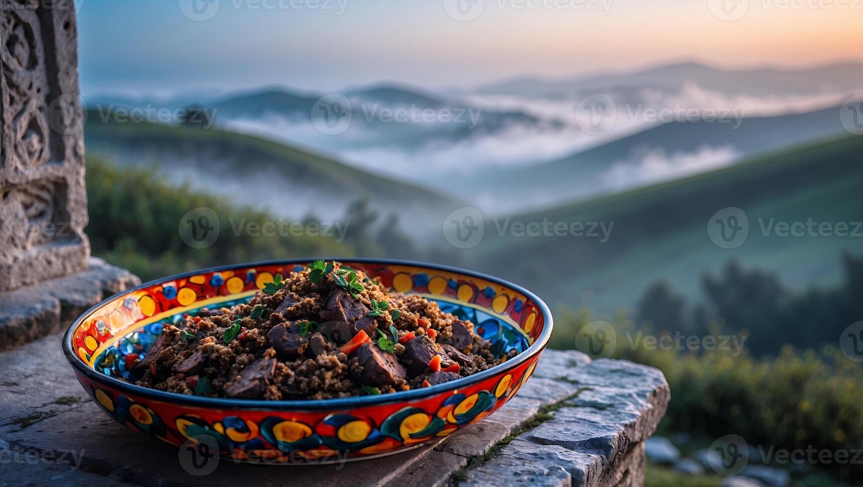 Dish of Flavorful Grains and Meat on Stone with Mountain View photo