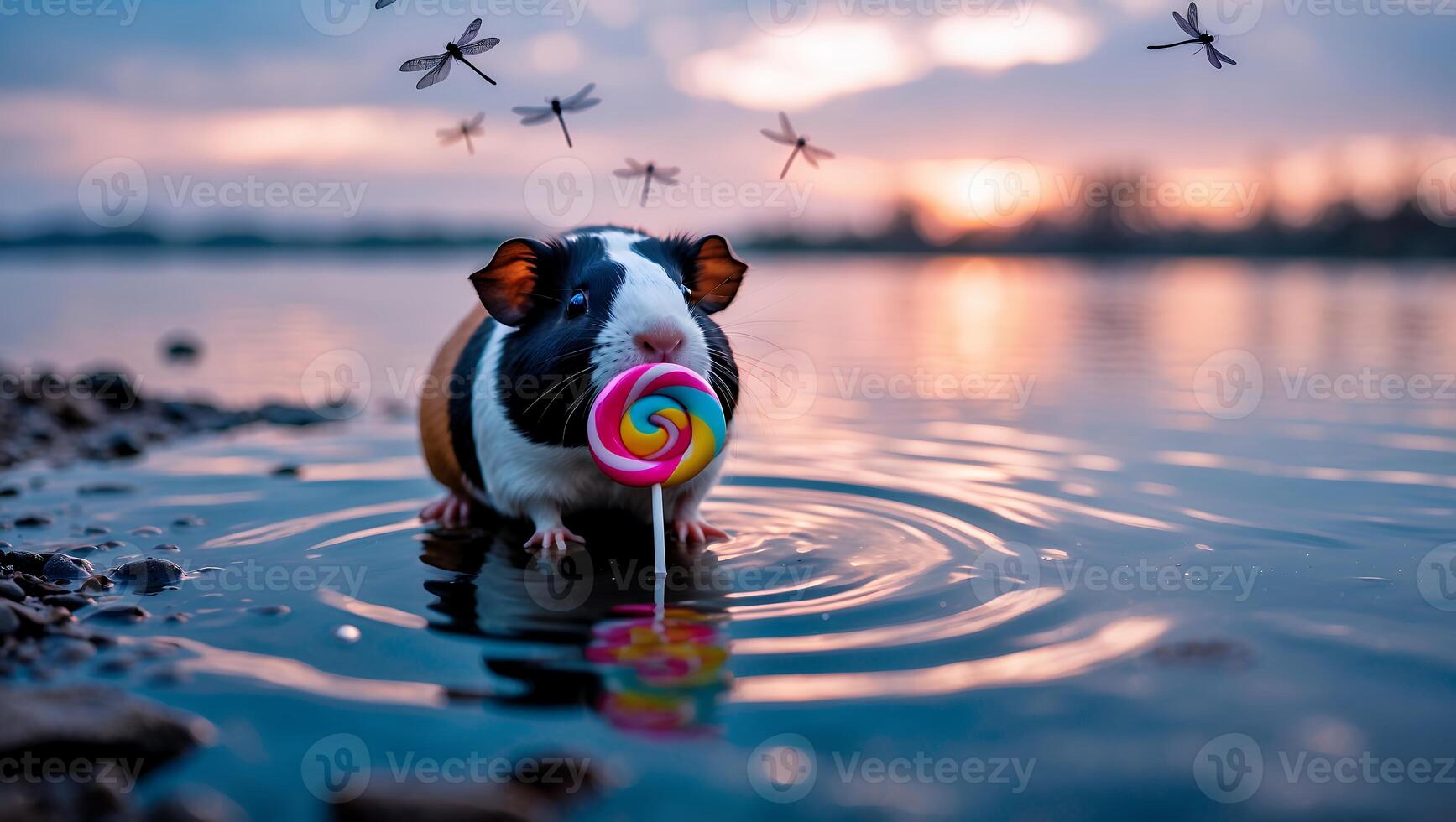 Guinea Pig with Lollipop in Water at Sunset, Dragonflies Flying photo