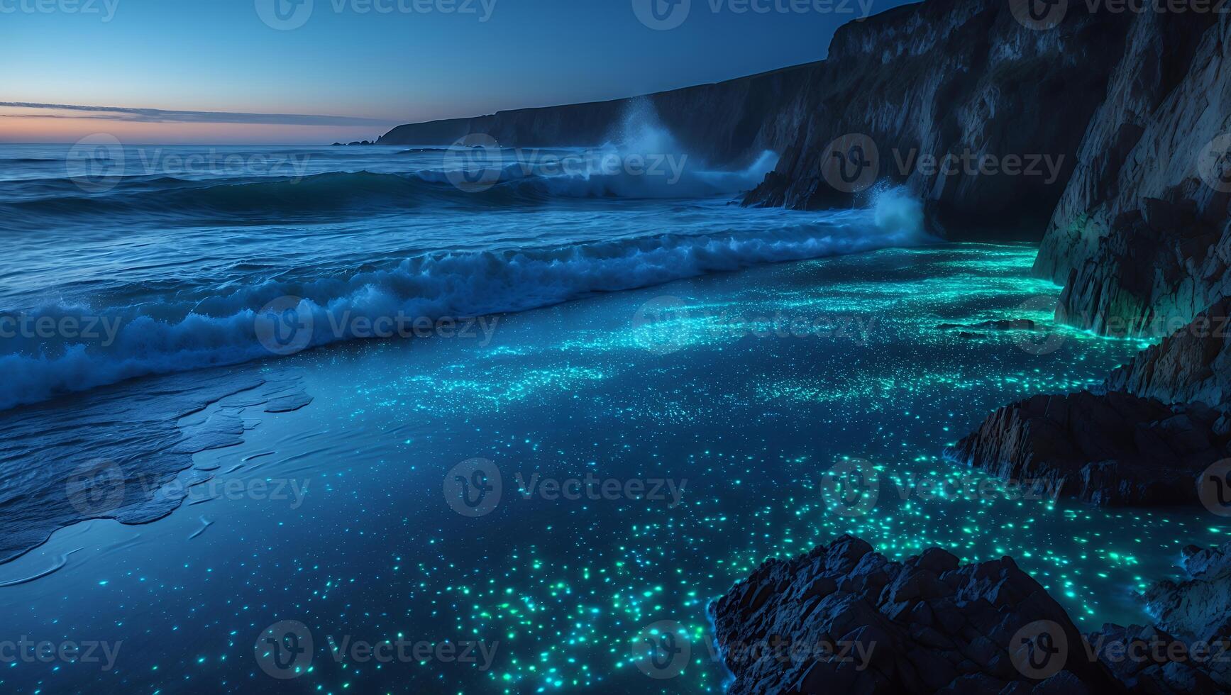 Ocean Bioluminescence Creates a Glowing Effect on Coastline at Dusk photo