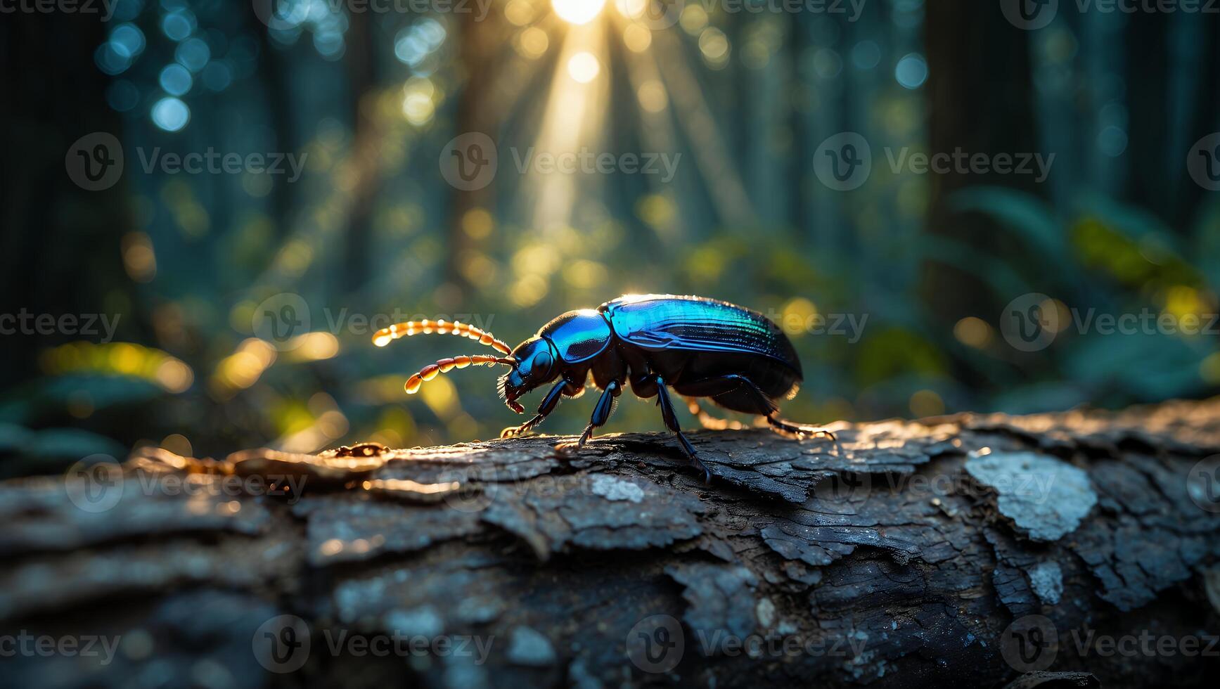 Blue Beetle Exploring a Fallen Log in a Sunlit Forest photo