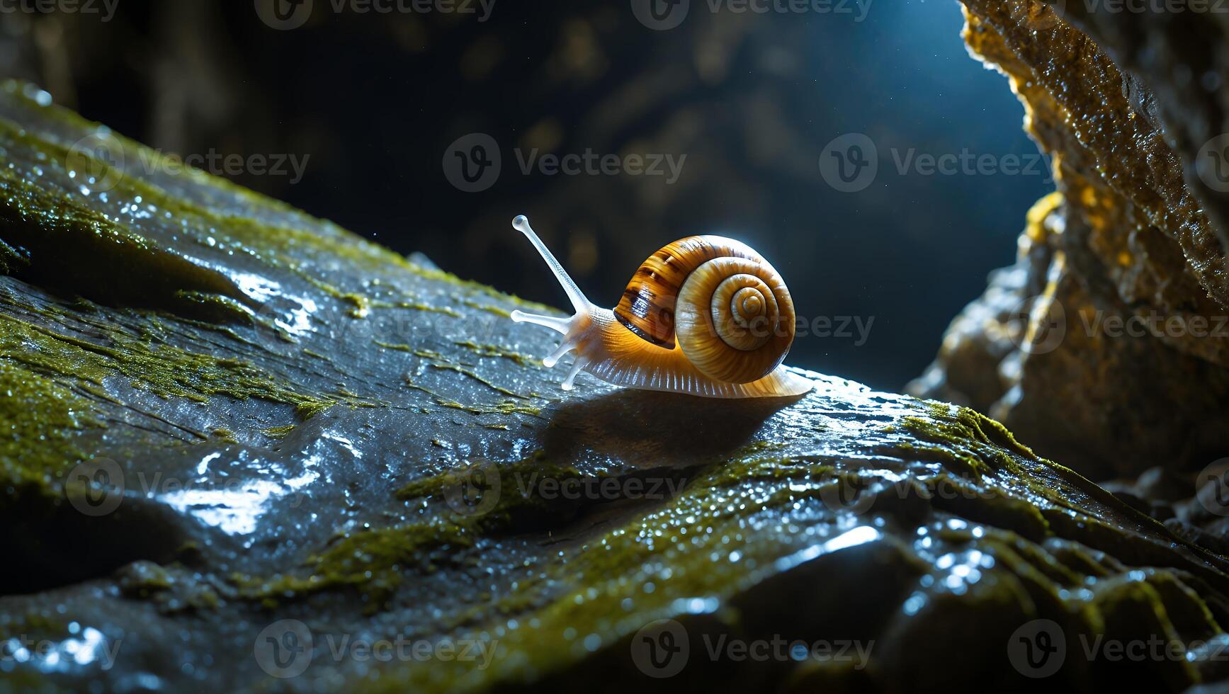 Snail Crawling on Mossy Rock Formation in Dark Cave Setting photo