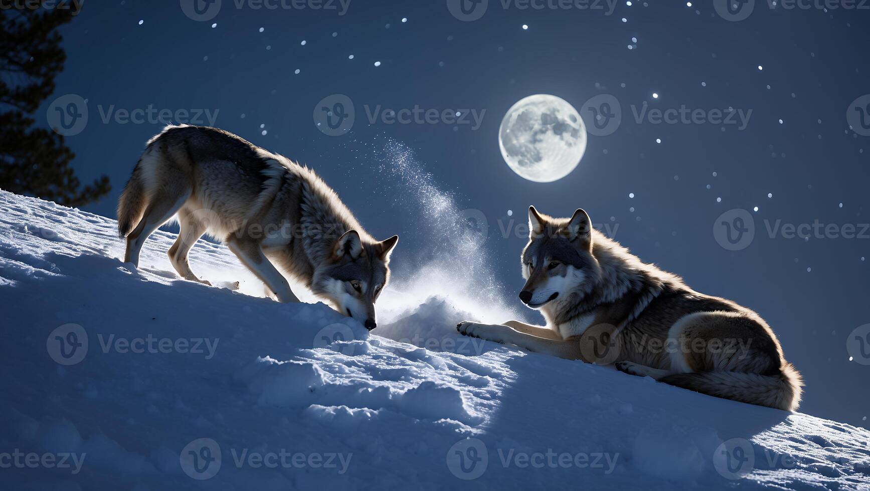 Wolves in Snowy Landscape at Night Under Full Moon and Stars photo