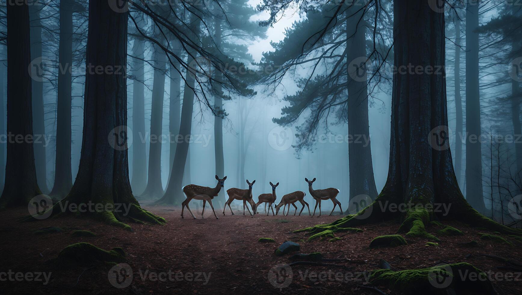 Deer Herd Walking Through Forest in Foggy Atmospheric Landscape photo