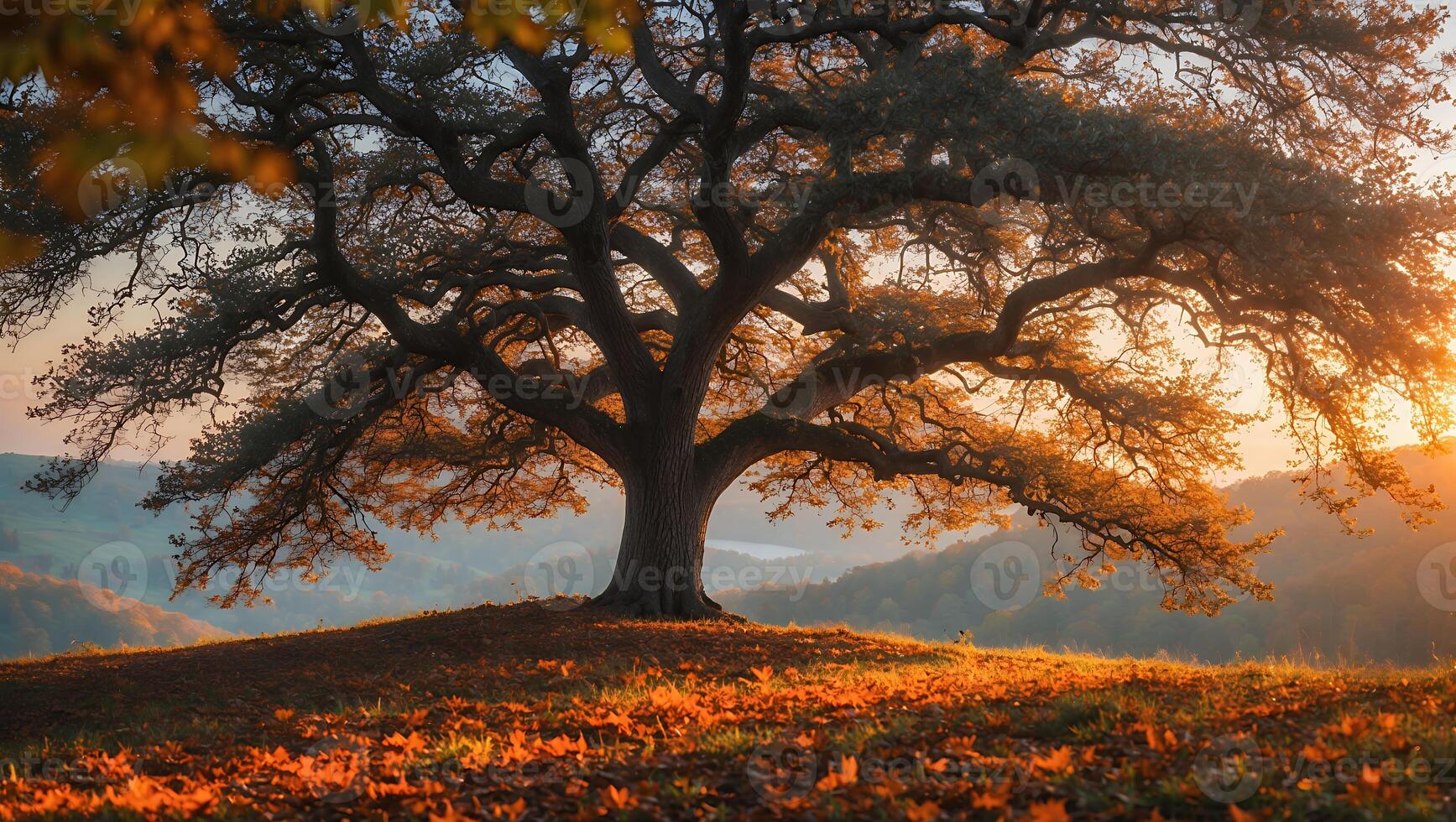 Majestic Old Tree Standing on Hill at Sunset with Fallen Leaves photo