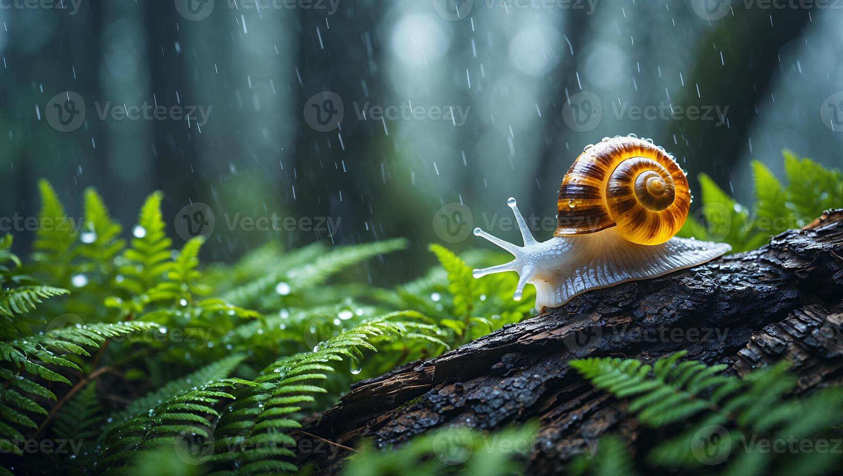 Snail Crawling on Log During Rainy Weather in Forest Environment photo