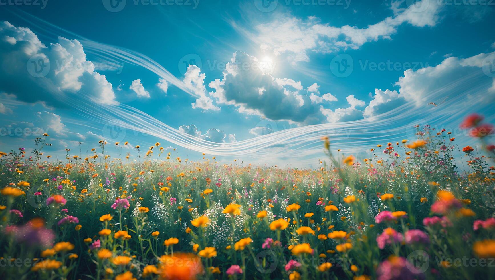 Vibrant Flower Meadow Under a Sunny Sky with Wispy Clouds photo