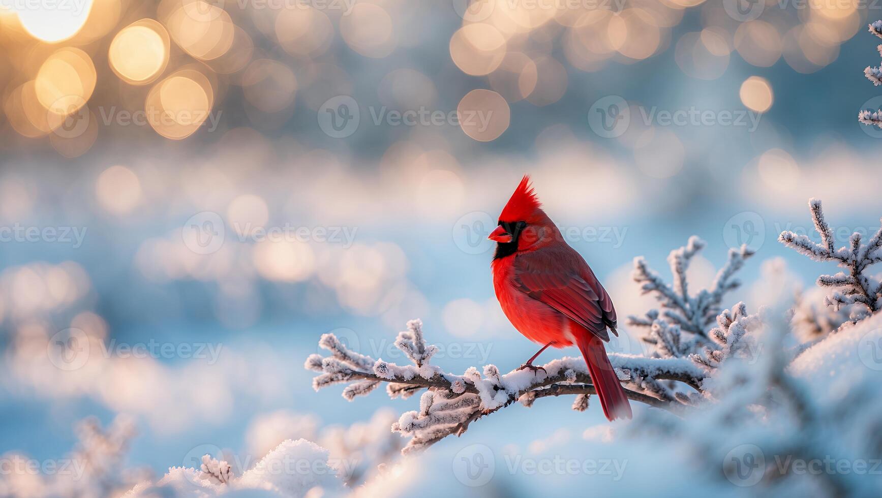 Cardinal Bird Perching on Snowy Branch at Sunset in Winter photo