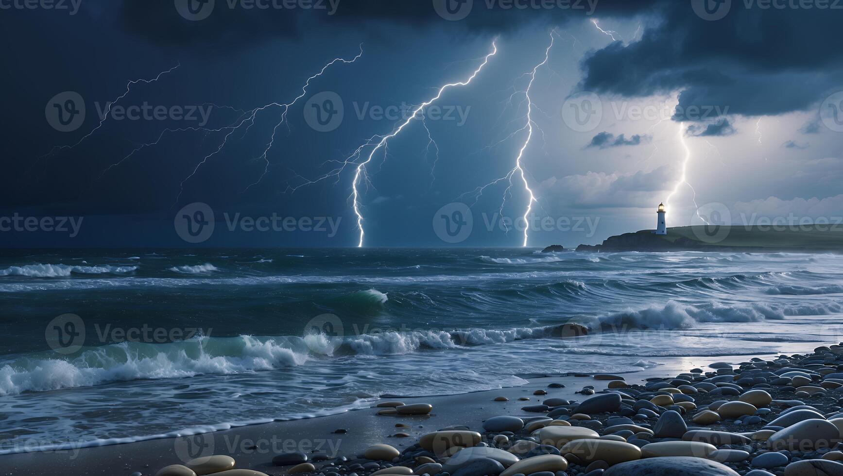 Lighthouse Watching Storm Over Ocean with Lightning and Waves on Beach photo