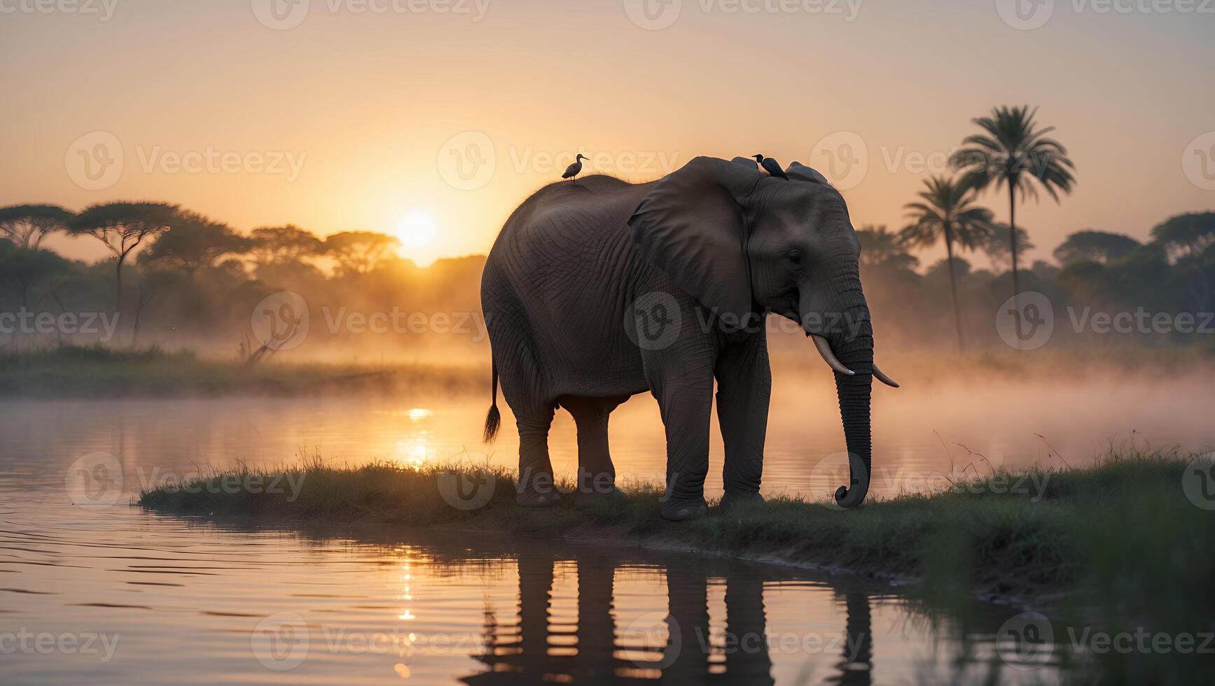Elephant Standing Near Water with Birds at Tranquil Sunrise Scene photo