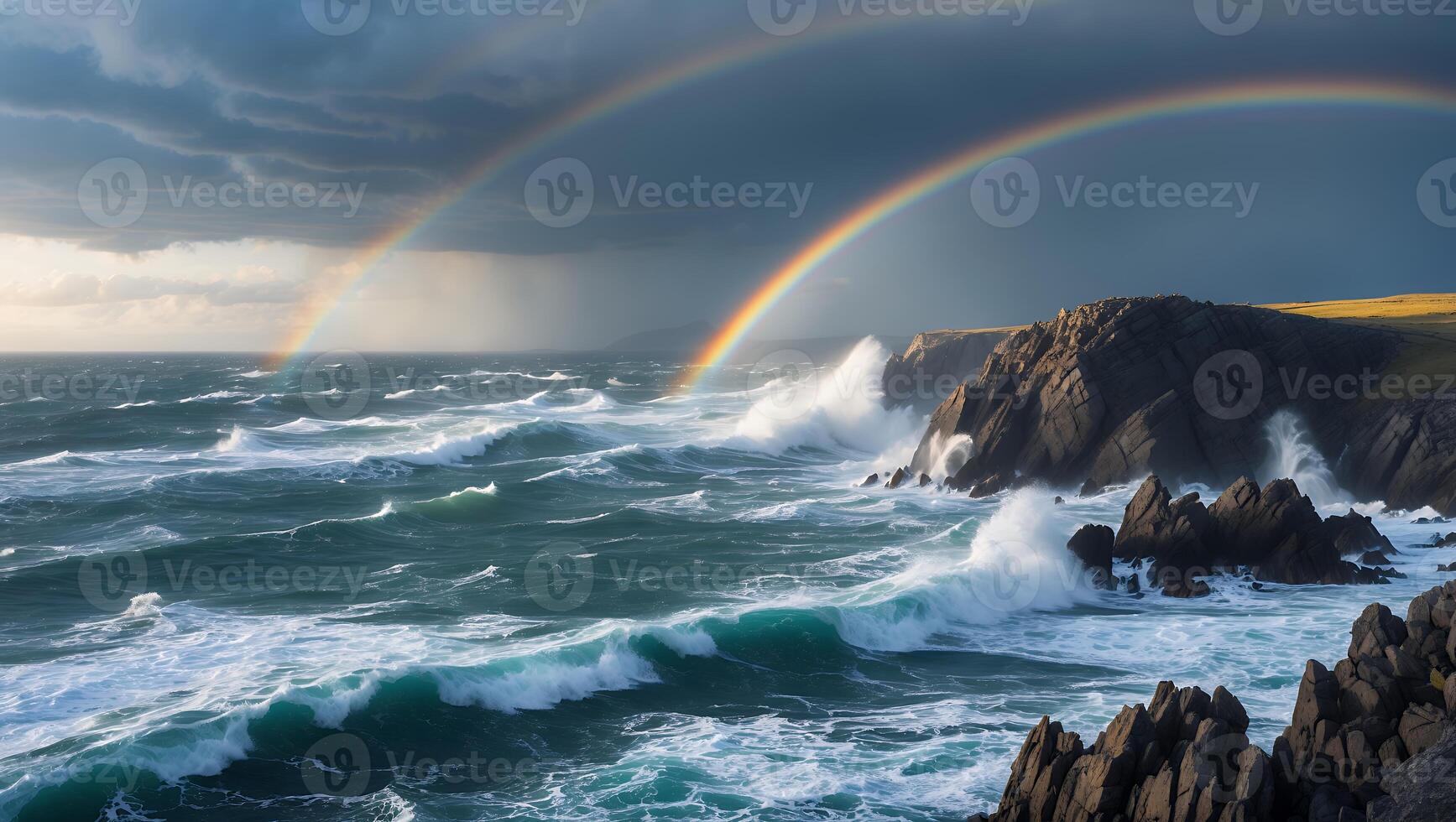 Ocean Waves Crashing on Rocky Shore with Double Rainbow Under Stormy Sky photo