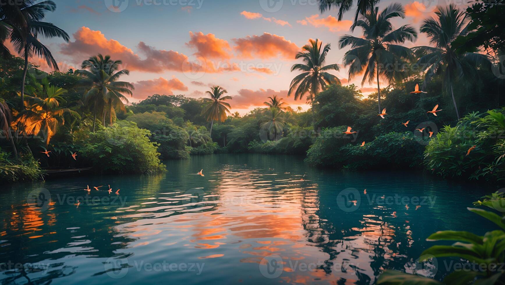 Tranquil Tropical River Scene at Sunset with Palm Trees and Birds photo