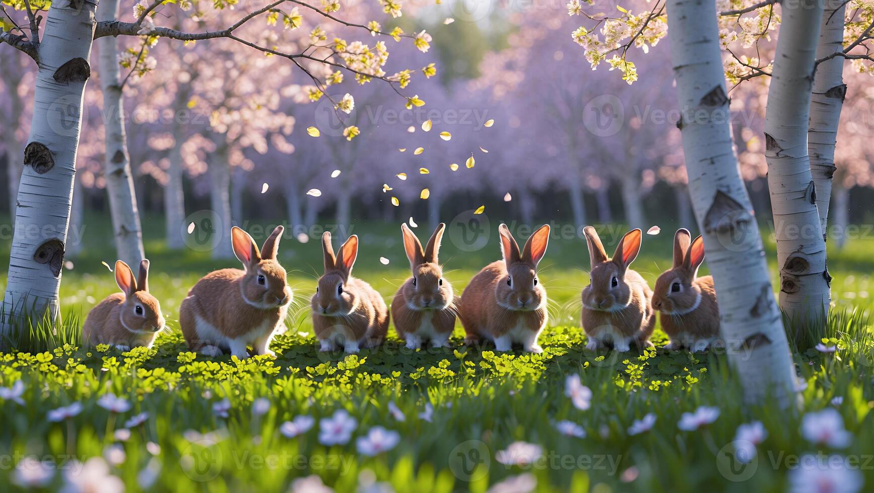 Group of Rabbits Sitting in Meadow with Flowering Trees Spring photo