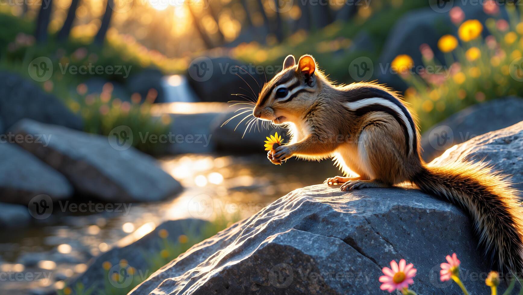 Chipmunk Sitting on Rock Holding Flower Near a Creek at Sunset photo