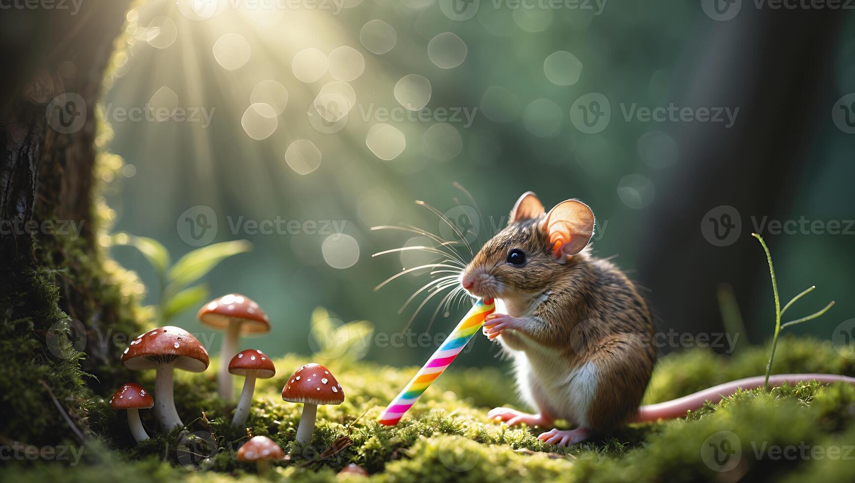 Mouse Eating Colorful Candy Stick in Mossy Forest with Mushrooms photo