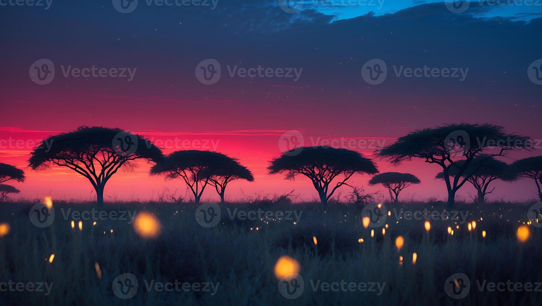 Savannah Trees at Sunset with Fireflies Glowing in the Field photo