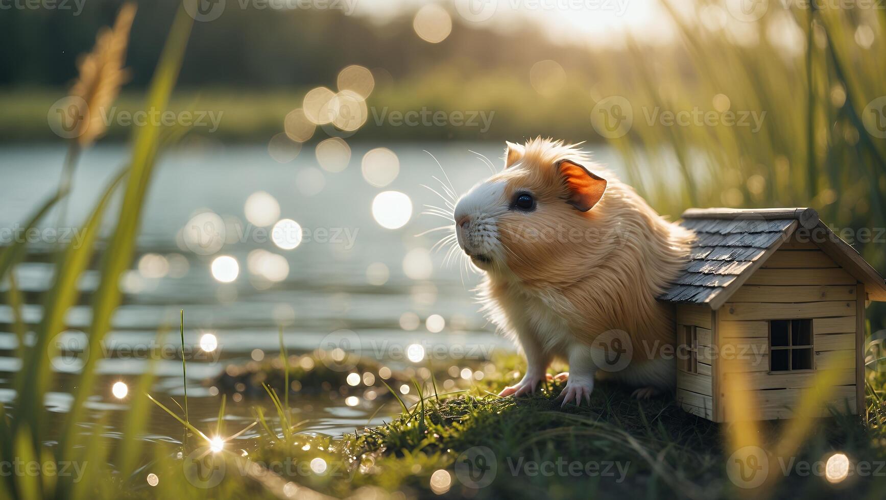 Guinea Pig Near Tiny House by Lake with Bokeh Background photo