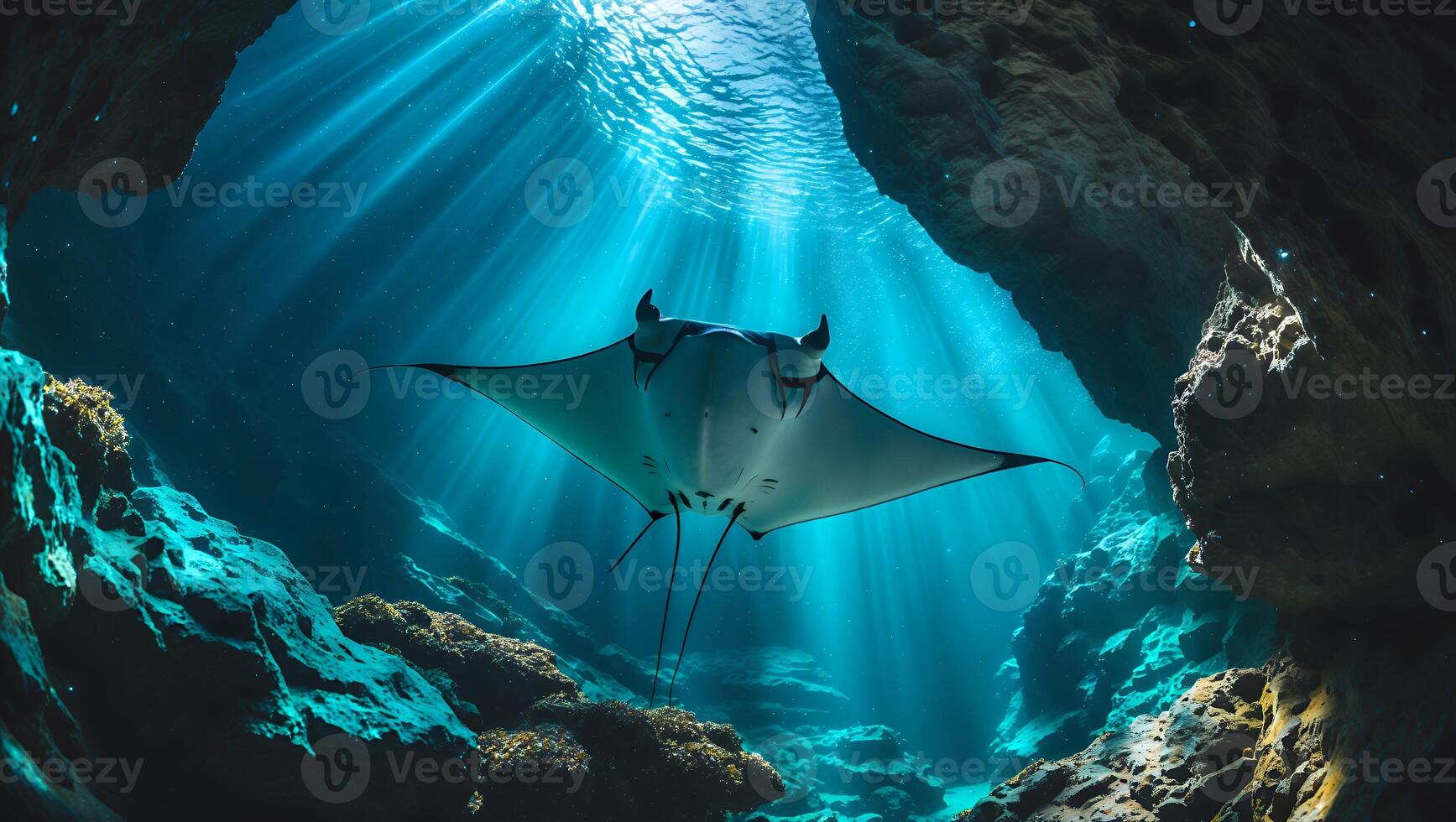 Manta Ray Gliding Through Underwater Cave with Sun Rays Streaming Down photo