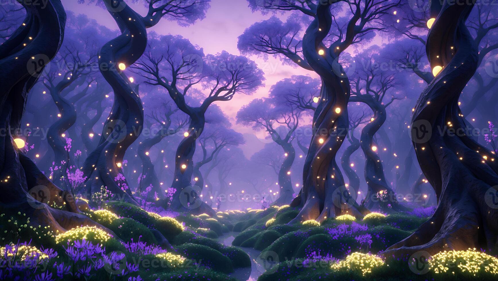 Enchanted Forest Path with Glowing Lights and Purple Trees Landscape photo