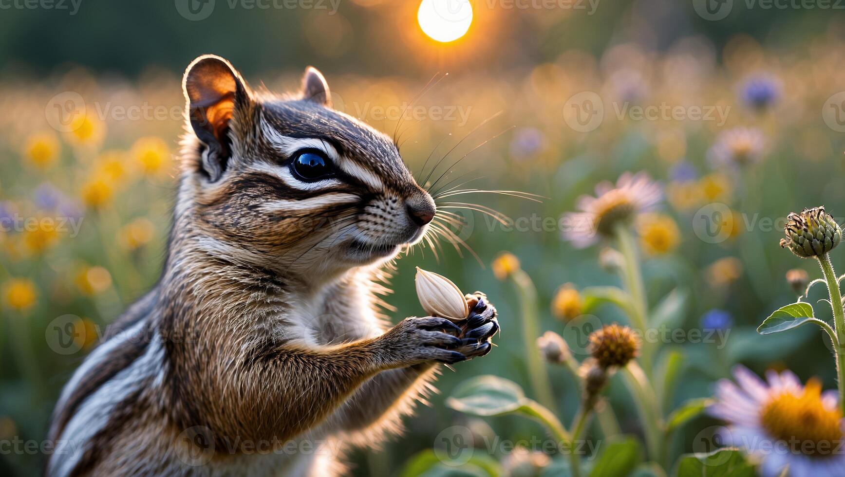 Chipmunk Holding Seed in Meadow During Sunset with Warm Light photo