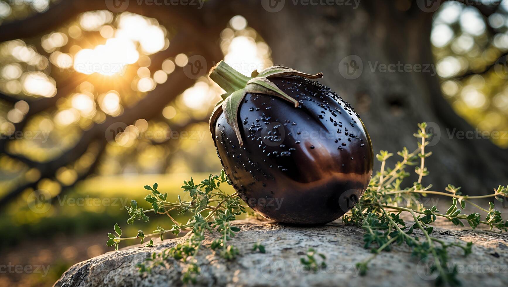 Eggplant Still Life on Stone in Sunny Outdoor Natural Setting photo