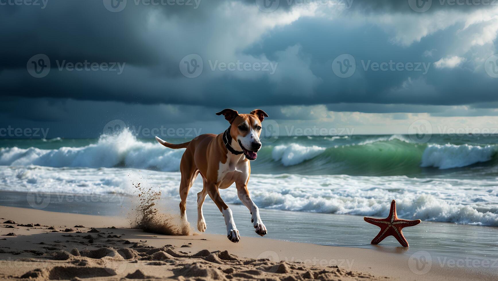 Dog Running on Beach with Starfish and Dramatic Sky Backdrop photo