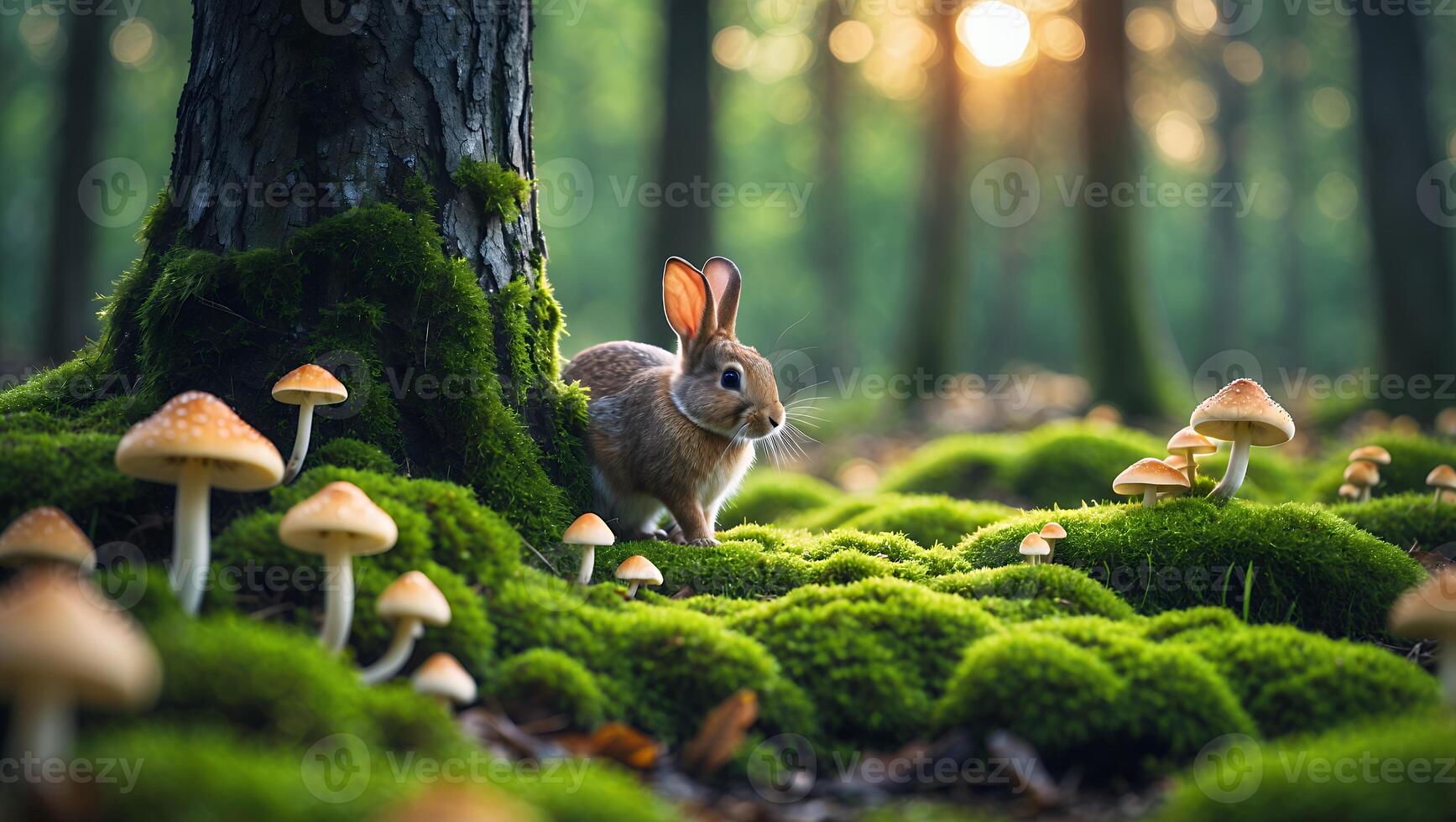 Rabbit in Forest with Mushrooms on Mossy Ground at Sunset photo