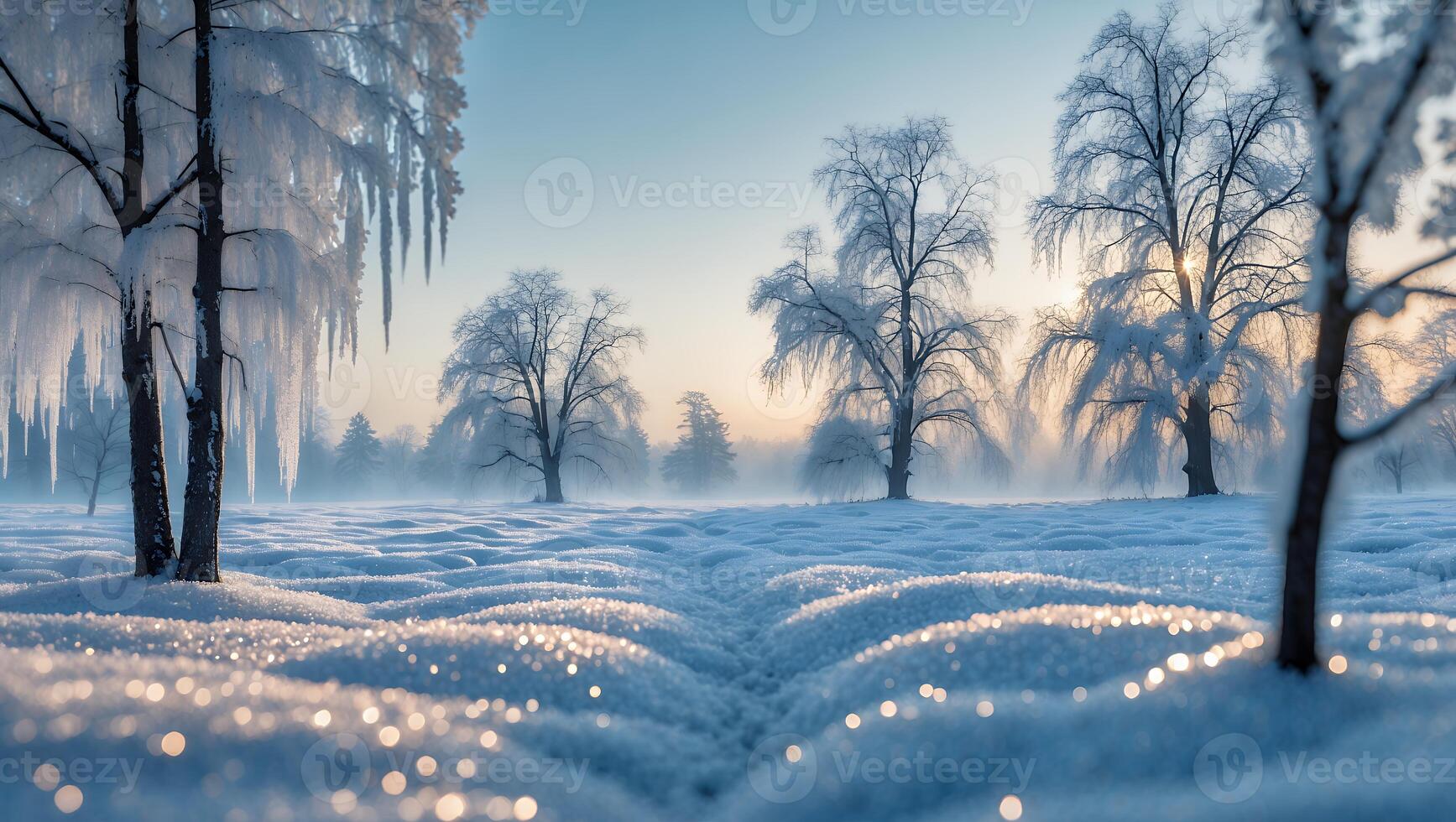 Winter Snow Scene with Bare Trees and Sparkling Snowdrifts photo