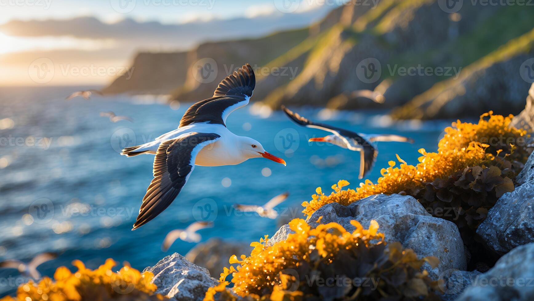 Seagull Flying Near Rocky Coastline with Golden Vegetation and Ocean View photo