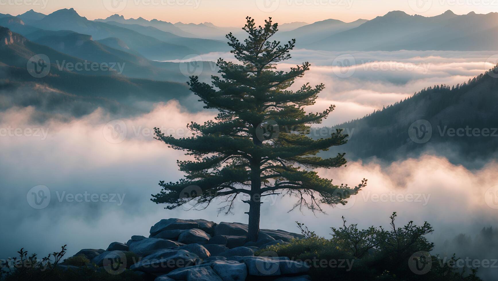 Lone Pine Tree Overlooking Mountain Range with Foggy Valley Views photo