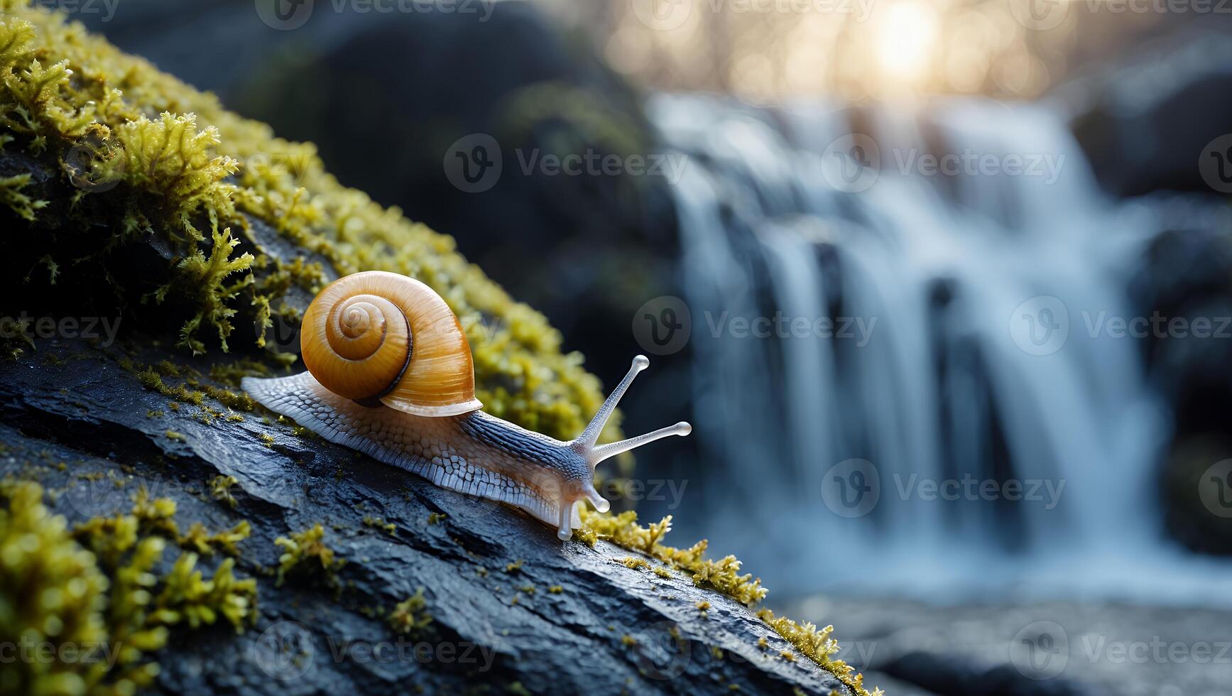 Snail Crawling on Mossy Rock Near Waterfall in Natural Environment photo