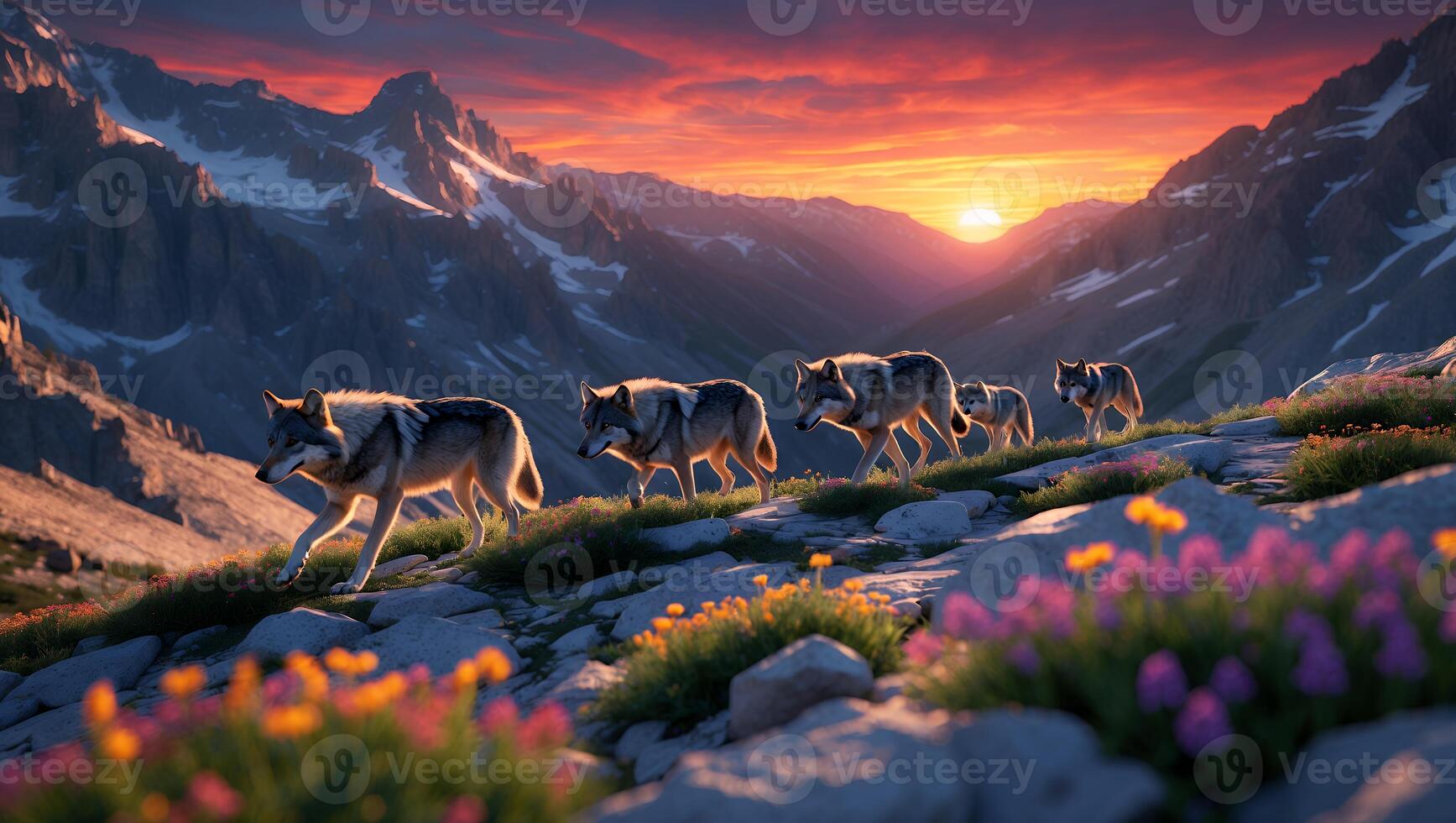 Wolves Walking Through Mountain Landscape During Sunset with Colorful Flowers photo