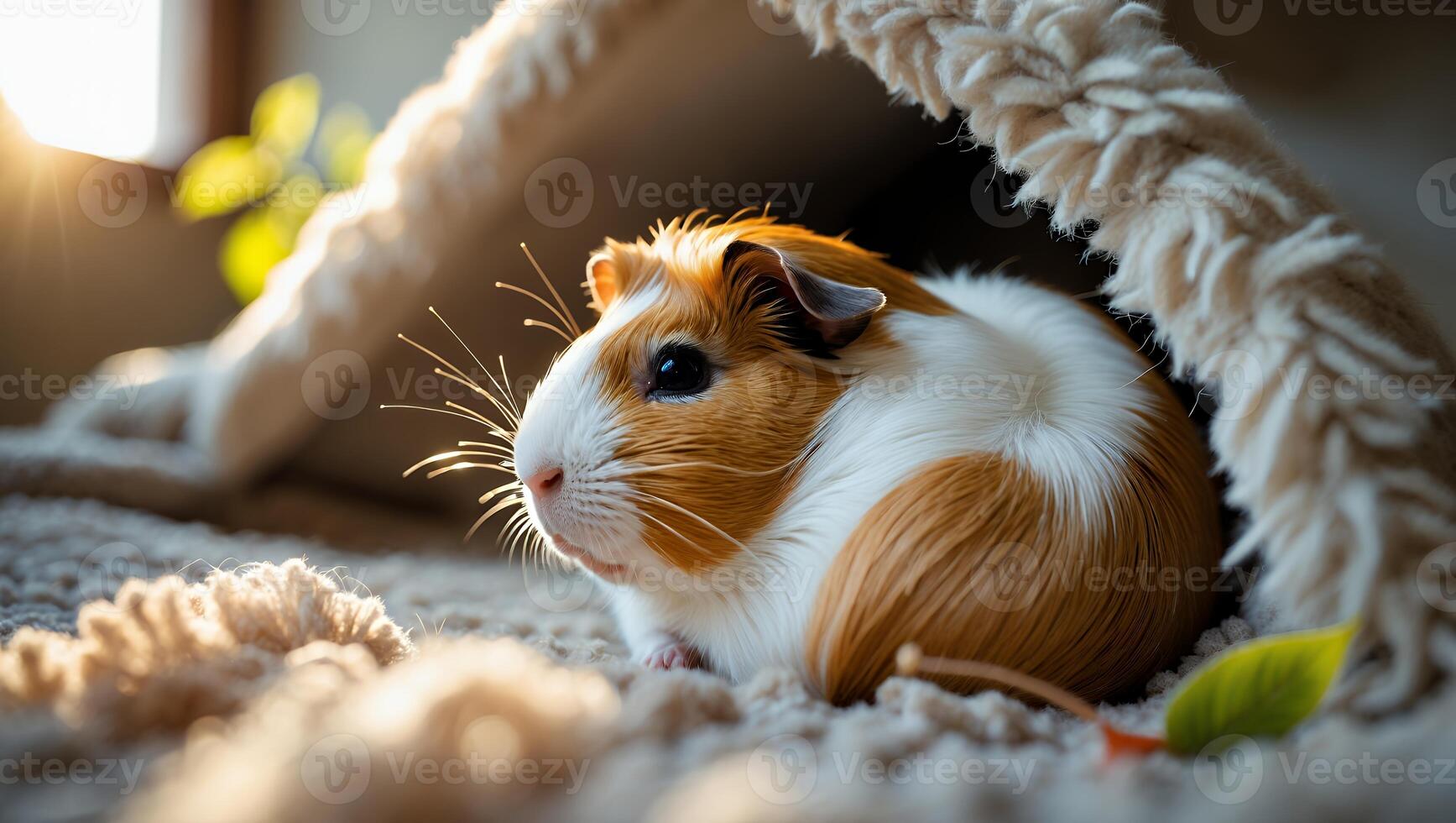 Guinea Pig Resting Comfortably Inside Its Cozy Bed with Sunlight photo
