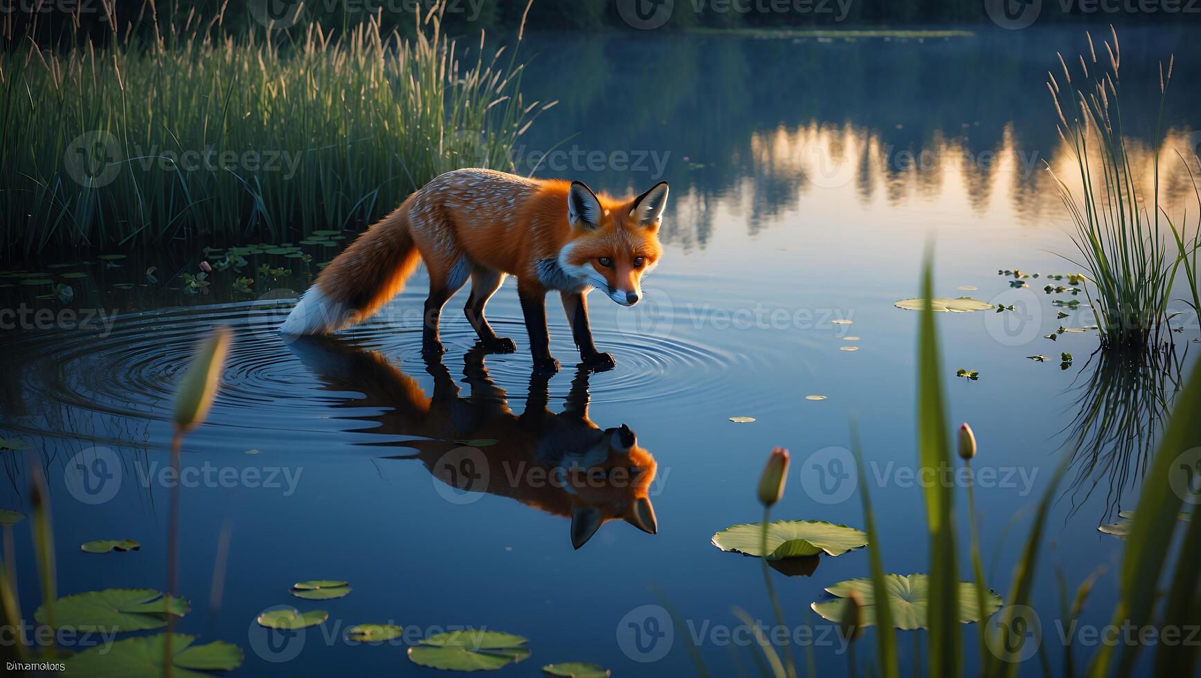 Fox Wading in Serene Lake Reflecting the Soft Light of Dawn photo