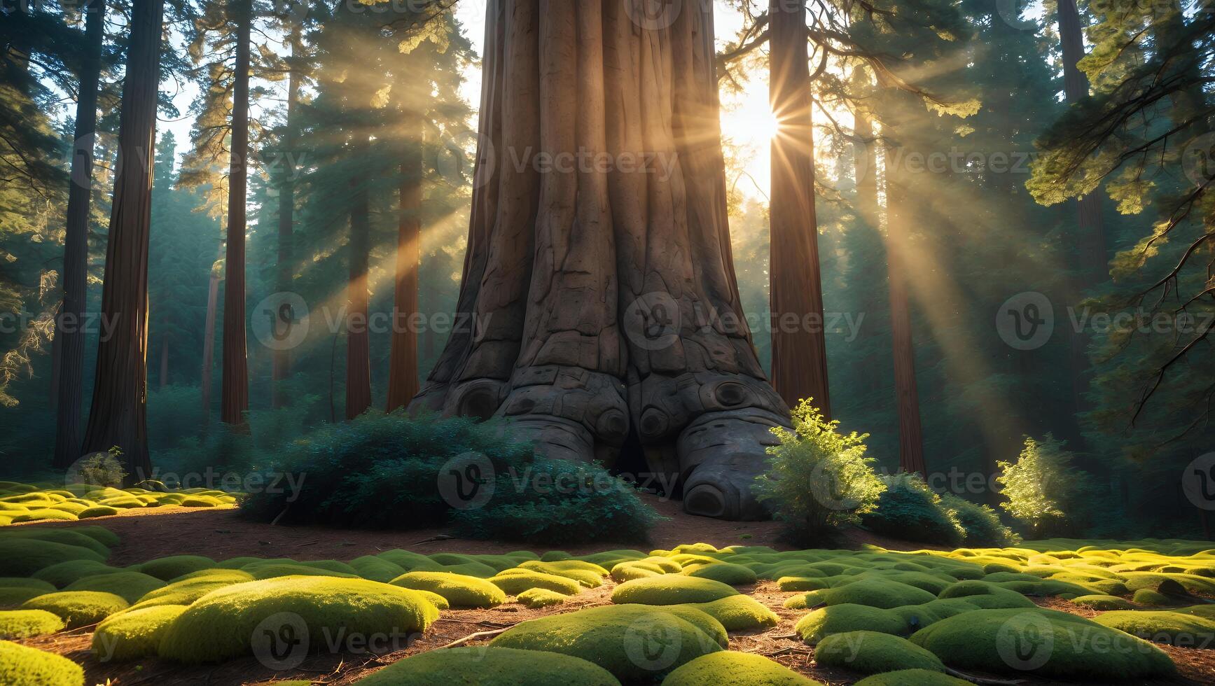 Giant Sequoia Tree Forest with Mossy Ground and Sunlight Streaming Through photo