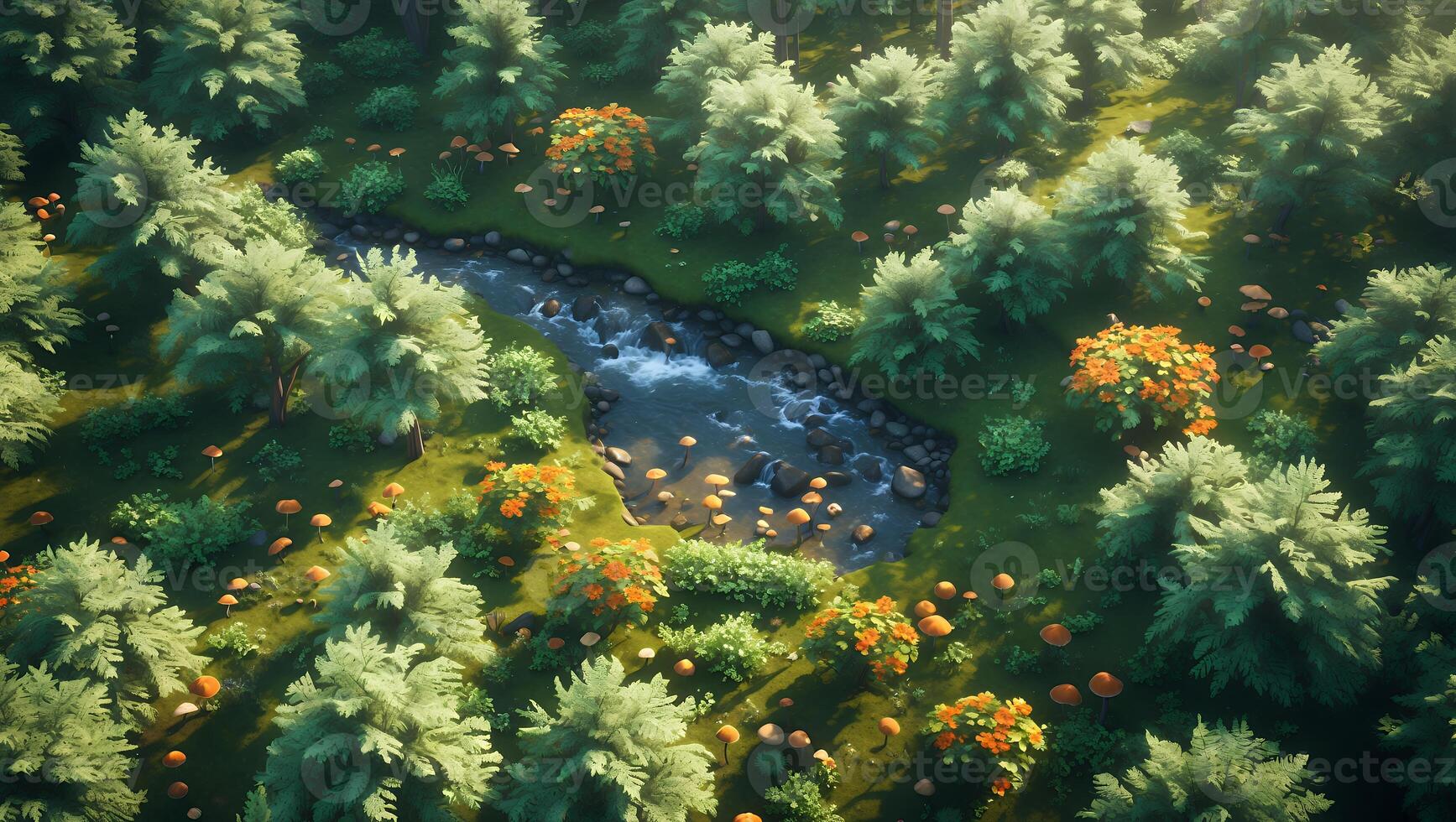 Overhead View of Forest River with Trees and Greenery photo
