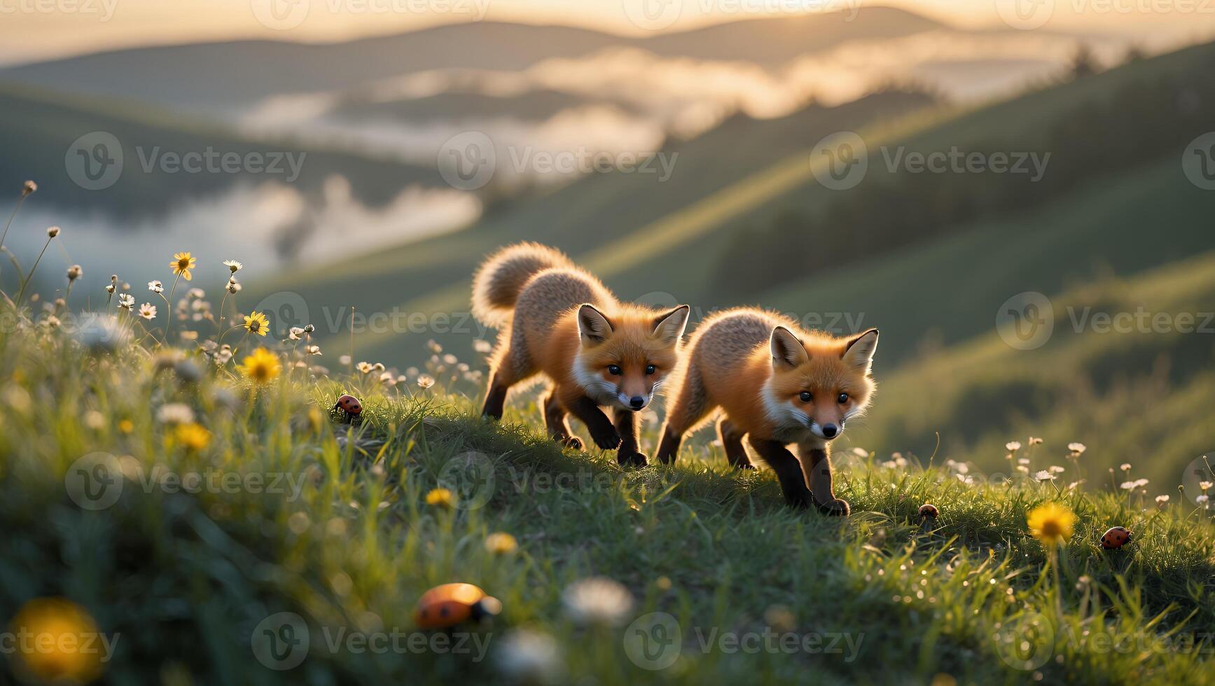 Two Fox Cubs Exploring Grassy Hillside Meadow in Gentle Morning Light photo