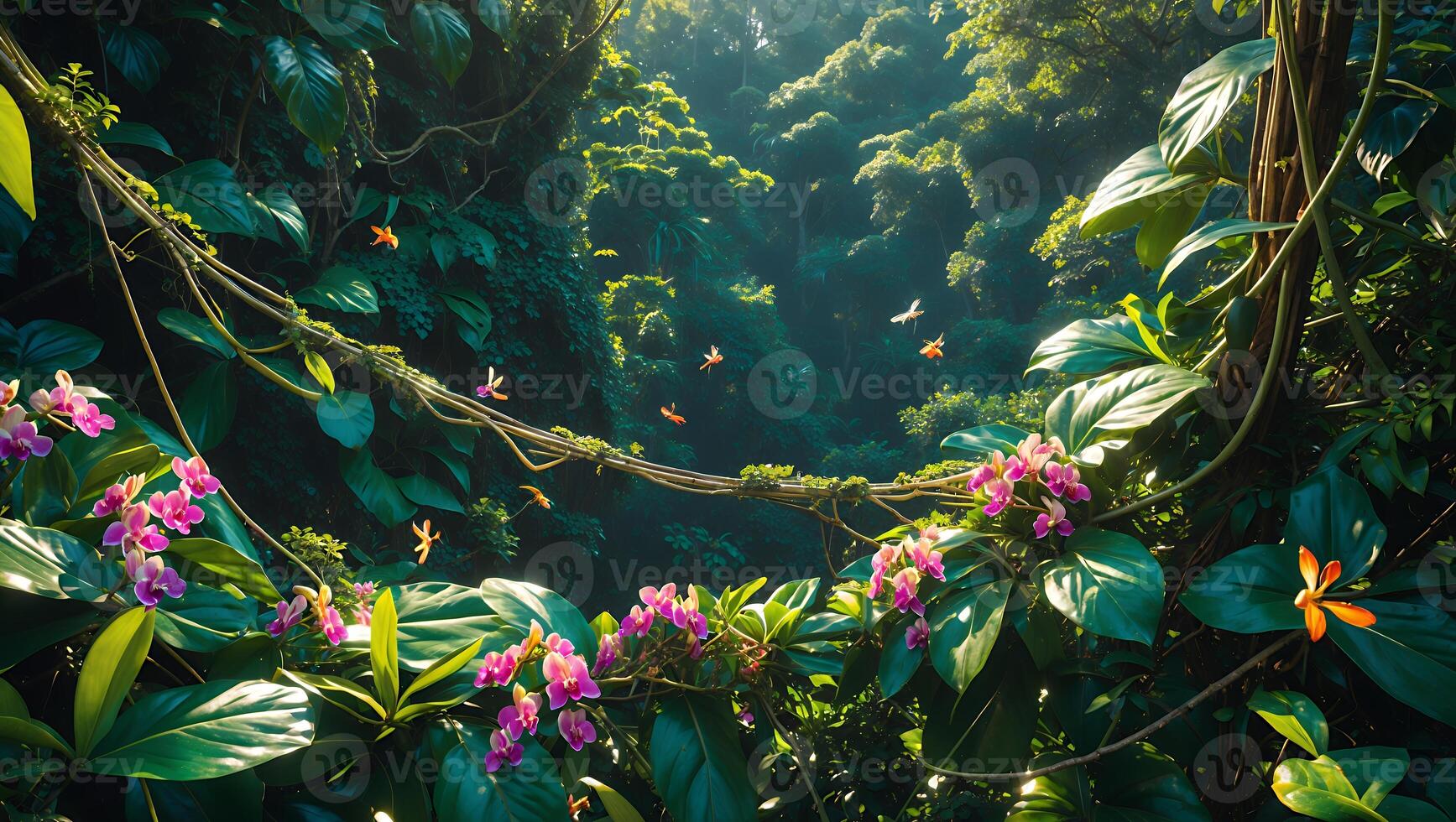 Lush Jungle Canopy with Vines, Orchids, and Filtered Sunlight photo