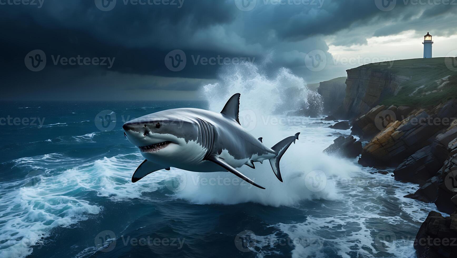 Great White Shark Leaping Near Rocky Coastline with Lighthouse and Storm photo
